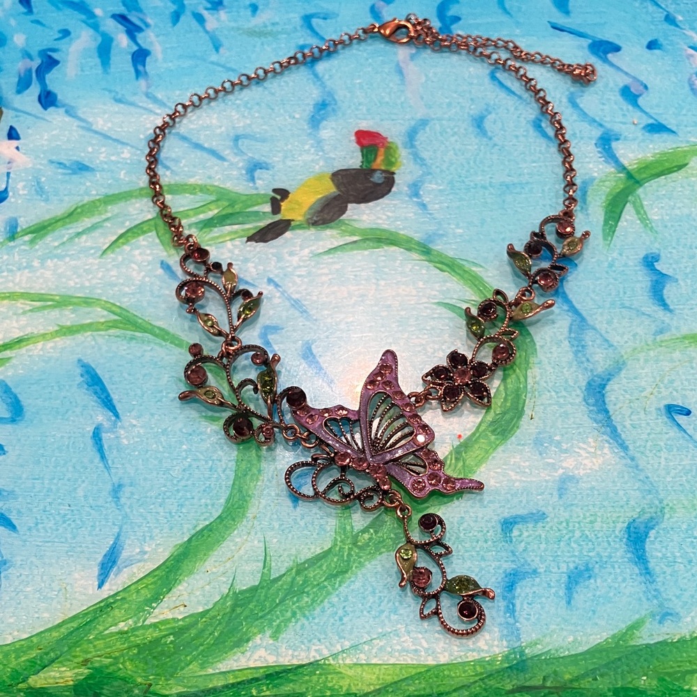 Butterfly Floral Necklace in Pink and Green